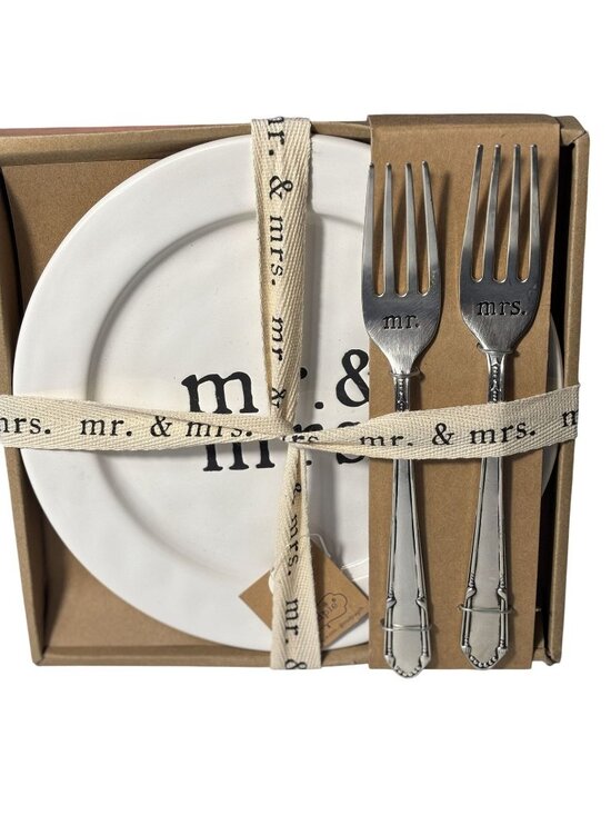 Mud Pie Other - Mr. & Mrs. Ceramic Plate & Fork Set By Mud Pie - Wedding Gift Keepsake